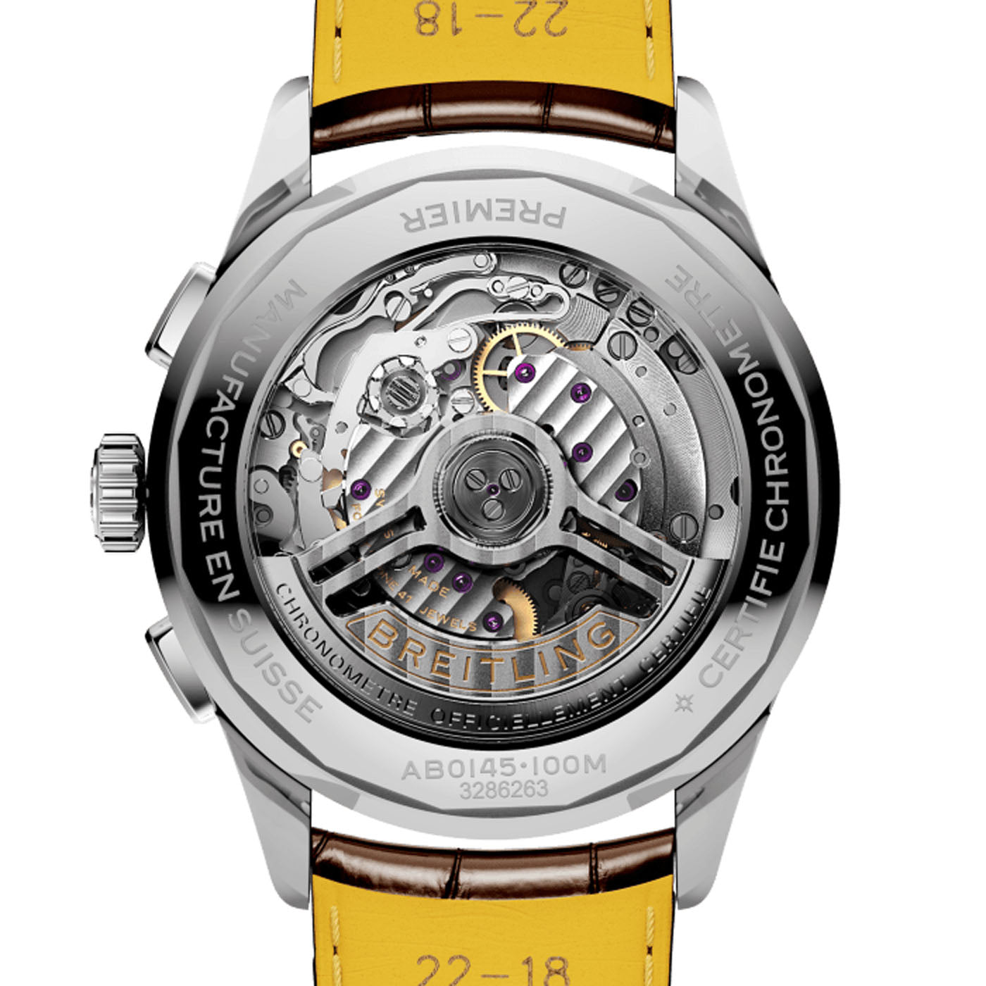 The image showcases the back of the BREITLING B01 Chronograph 42, a luxury wristwatch by Breitling, featuring a transparent case that highlights its intricate mechanical movement. This watch combines silver and gold components with a vibrant yellow leather strap, embodying timeless elegance.