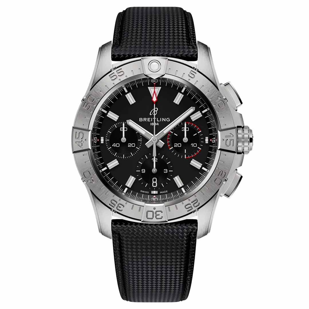 The BREITLING Avenger B01 Chronograph 42 showcases an aviation-inspired design with its silver finish and black dial featuring three subdials and a date window at 6 o'clock. The watch includes a silver bezel engraved with minute markers and is complemented by a black textured strap. Luminous accents enhance the hour and minute hands for added visibility.