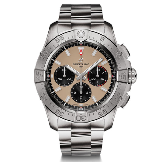 The BREITLING Avenger B01 Chronograph 44 offers dynamic features with its stainless steel band and beige dial. It includes three black subdials, a date display, and a red-tipped second hand. The bezel is numerically marked at intervals, and the Breitling logo is prominently displayed on the dial.