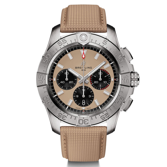 The BREITLING Avenger B01 Chronograph 44 watch, crafted by Breitling, showcases full-throttle functionality with its silver design and beige dial complemented by three black subdials. It includes a beige textured strap and a detailed bezel with engraved numbers. Luminous hands and markers ensure the Avenger's excellent visibility in any conditions.