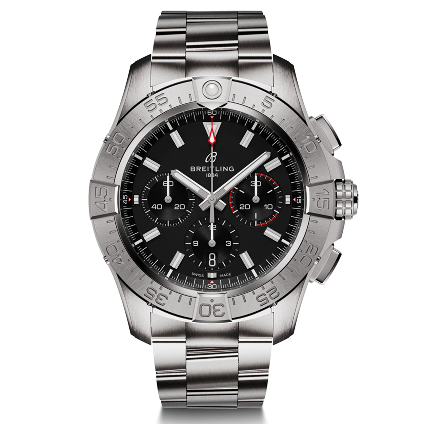 The Breitling Avenger B01 Chronograph 44 is an elegant timepiece crafted in silver stainless steel, showcasing a black dial with three subdials. It includes chronograph movement, a date display, and luminous hands and hour markers. This water-resistant watch features a bezel with etched numbers and is complemented by a metal link strap.