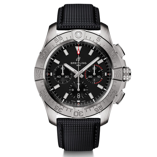 Experience the luxury of the BREITLING Avenger B01 Chronograph 44, a stunning timepiece from Breitling featuring a black strap and silver bezel with unparalleled functionality. The sophisticated black dial includes two sub-dials and a date display, while the silver hour and minute hands are paired with a striking red second hand, all complemented by sleek Arabic numerals on the bezel.