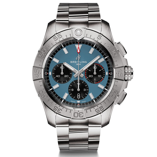 Introducing the BREITLING Avenger B01 Chronograph 44, a remarkable timepiece by Breitling. This silver watch features a striking blue dial and is designed for supersonic strength. It comes equipped with three subdials, silver hour markers, and luminescent hands. The robust stainless steel bracelet and unidirectional rotating bezel with large numerals highlight its powerful functionality.