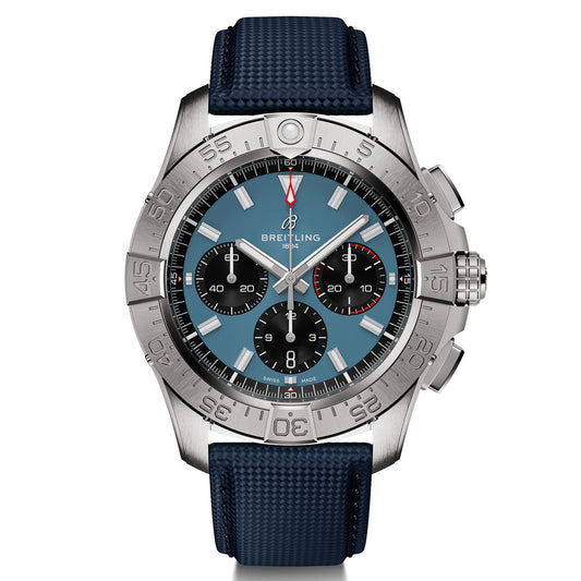 The BREITLING Avenger B01 Chronograph 44 is a luxury wristwatch featuring a steel case, blue dial, and navy strap. It offers full-throttle functionality with three sub-dials, a date window, and a rotating bezel with numerals. The watch hands are silver and red, prominently displaying the Breitling brand name on the dial.