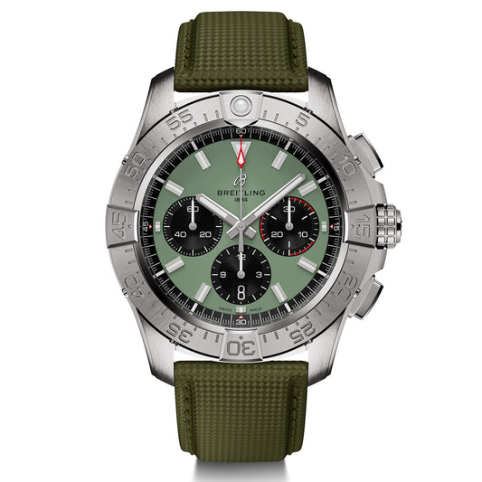 The BREITLING Avenger B01 Chronograph 44 is a silver watch featuring a green face with black sub-dials, delivering full-throttle functionality. The bezel is adorned with numerals, and its green textured strap enhances its appeal. With supersonic strength for durability, the name Breitling is prominently displayed on the face.