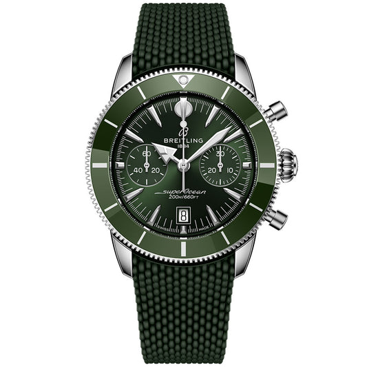 The BREITLING Superocean Heritage B01 Chronograph 42 is a green Breitling watch with a ceramic rotating bezel, textured green strap, three subdials, date window at 6 o’clock, and silver hands and markers.