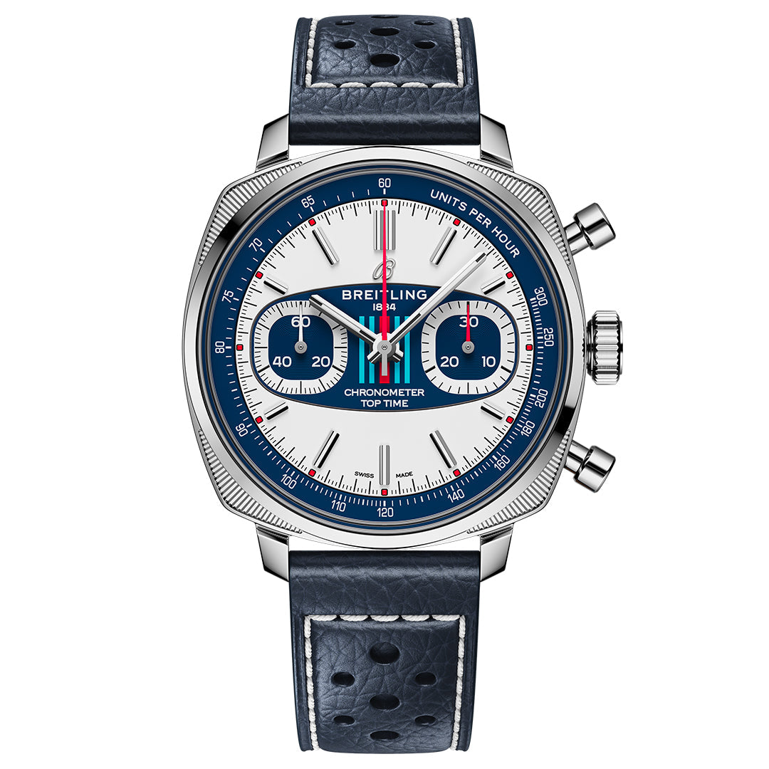 The BREITLING Top Time B01 Martini Racing watch features a stainless steel chronograph with blue leather strap, a blue and white watch face inspired by Martini Racing, three sub-dials, two silver pushers, red accents, and the Breitling name prominently displayed at the top center.