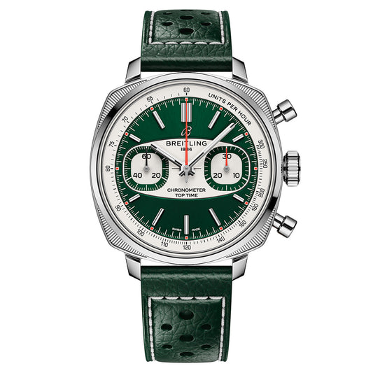 The BREITLING Top Time B01 Racing by Breitling features a modern-retro design with a green dial, leather strap, silver hour markers, dual subdials, red-accented chronograph, and an elegantly branded "units per hour" bezel. It is completed with prominent side pushers and a crown.