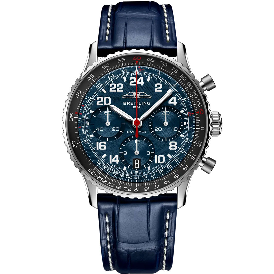 The BREITLING Navitimer B02 Chronograph 41 Cosmonaute Artemis II features a blue dial, white numerals, three subdials, chronograph functions, and a blue leather strap—an iconic Swiss watch from Breitling with a legendary space heritage.