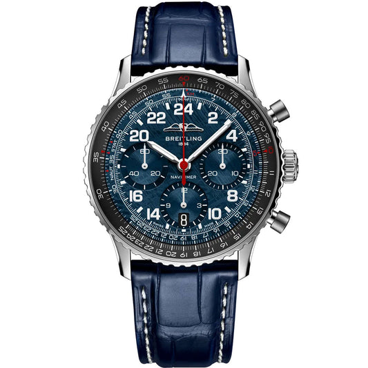 The BREITLING Navitimer B02 Chronograph 41 Cosmonaute Artemis II features a blue dial, white numerals, three subdials, chronograph functions, and a blue leather strap—an iconic Swiss watch from Breitling with a legendary space heritage.