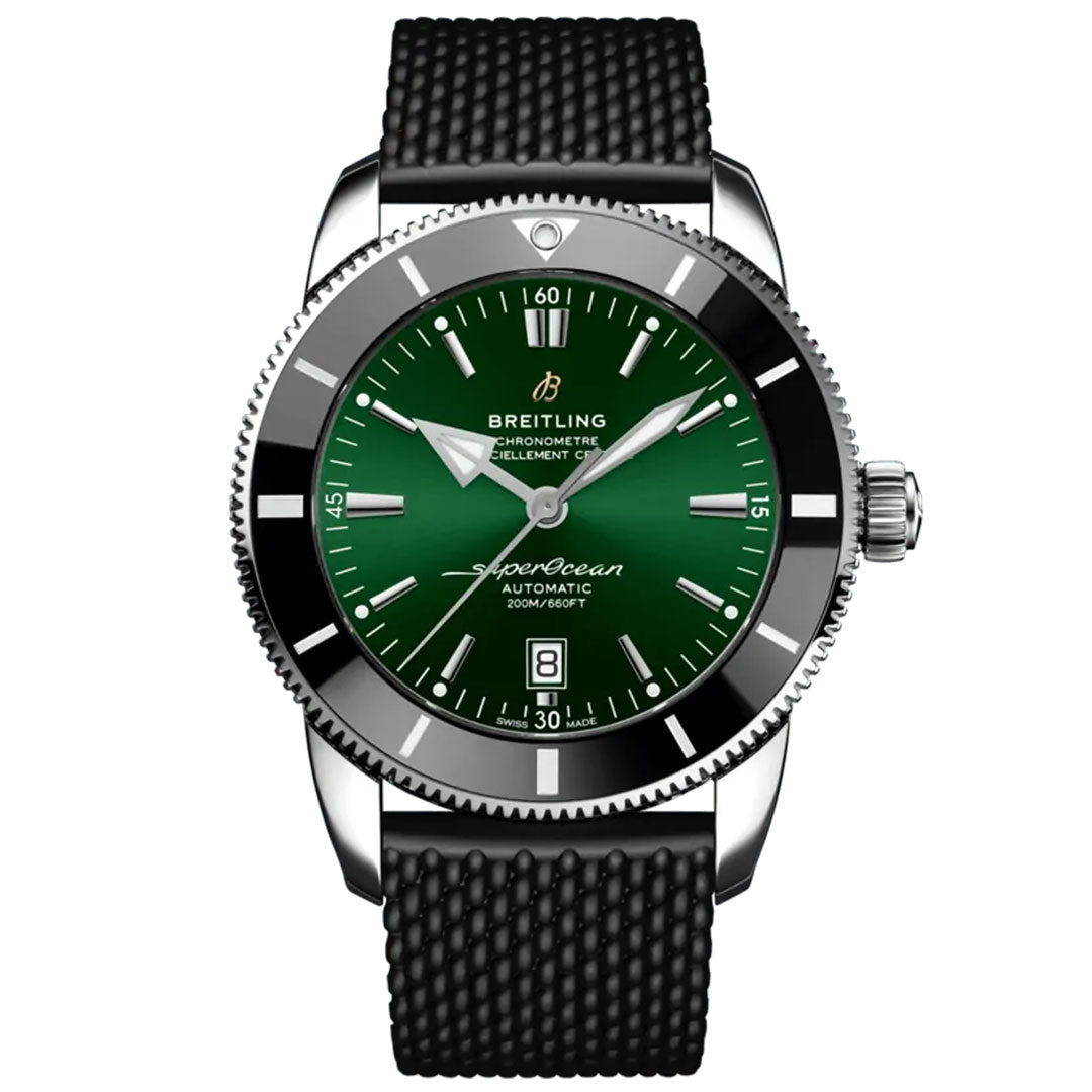 The BREITLING Superocean Heritage B20 Automatic 46 diver’s watch features a green dial and black bezel, with a date window positioned at 6 o'clock. It is encased in stainless steel and comes with a textured black rubber strap and luminous hour markers, powered by the dependable Breitling Caliber B20.