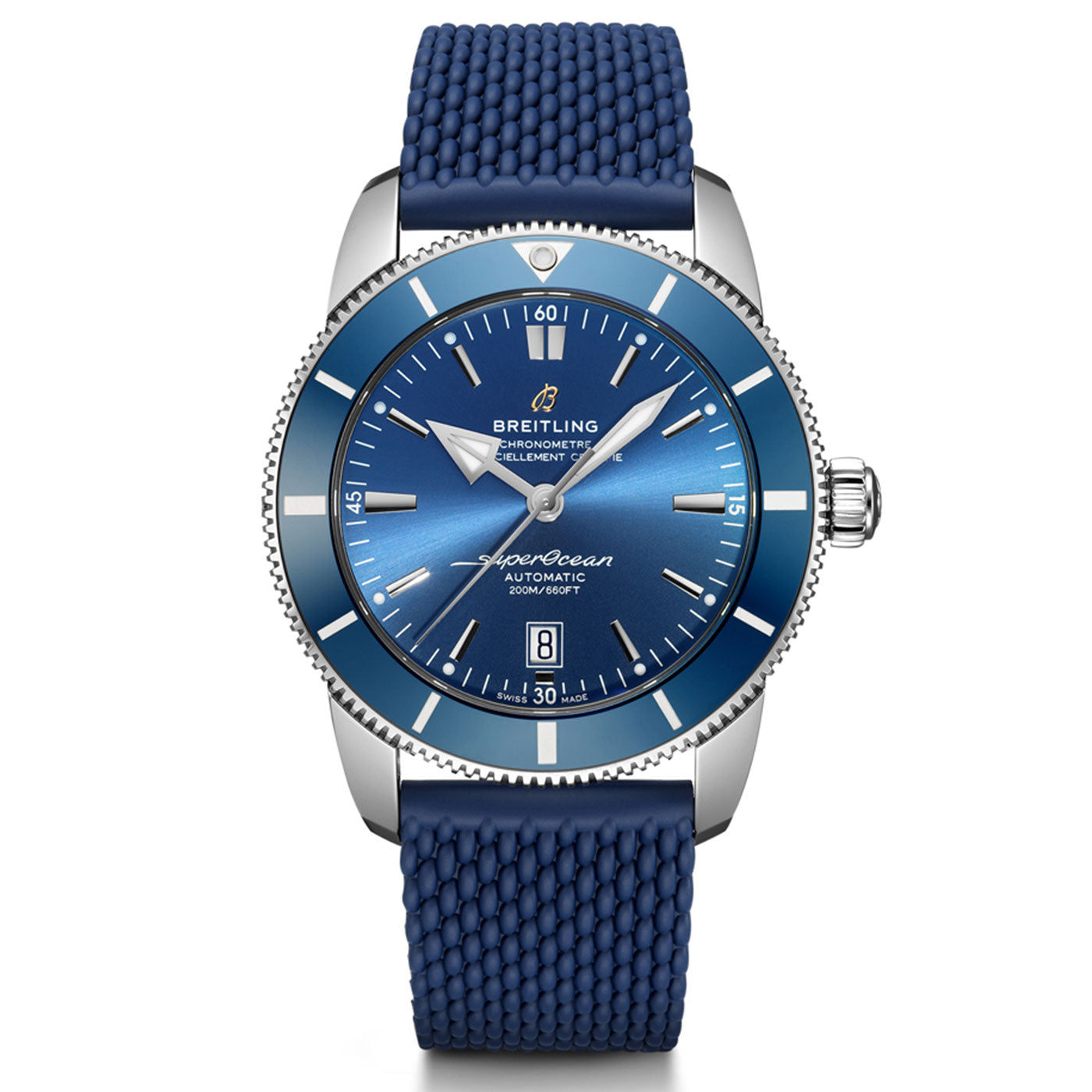 The BREITLING Superocean Heritage B20 Automatic 46 watch features a stunning blue dial with luminescent markers and hands, paired with a blue textured strap. This diver's watch includes a date display at the 6 o'clock position, all beautifully encased in sleek stainless steel.