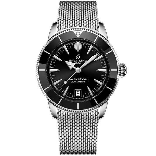 The Breitling Superocean Heritage B31 Automatic 40 features a black dial, silver hour markers, date at 6 o’clock, stainless steel mesh bracelet, and is water-resistant to 200 meters.