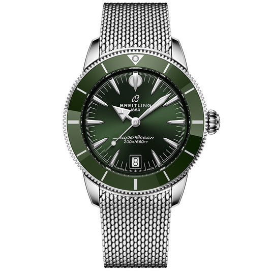 The Breitling Superocean Heritage B31 Automatic 40 features a green bezel and dial, silver hour markers, a mesh stainless steel strap, date display at 6 o’clock, and is water-resistant to 200 meters.
