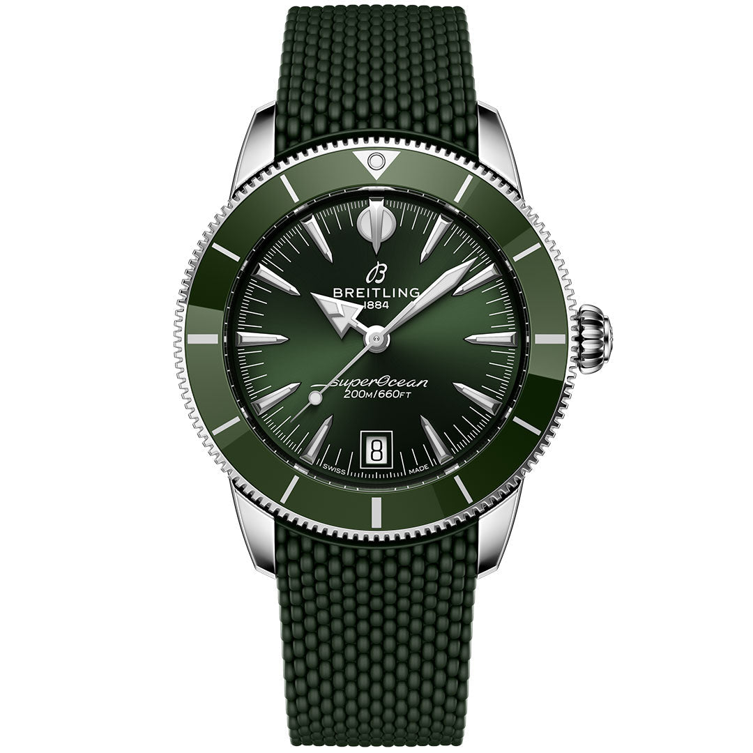 The BREITLING Superocean Heritage B31 Automatic 40 features a green textured strap, green bezel, green dial with silver hour markers, date at 6 o'clock, Breitling logo, and is water-resistant to 200m/660ft.