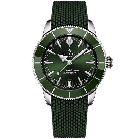 The BREITLING Superocean Heritage B31 Automatic 40 features a green textured strap, green bezel, green dial with silver hour markers, date at 6 o'clock, Breitling logo, and is water-resistant to 200m/660ft.