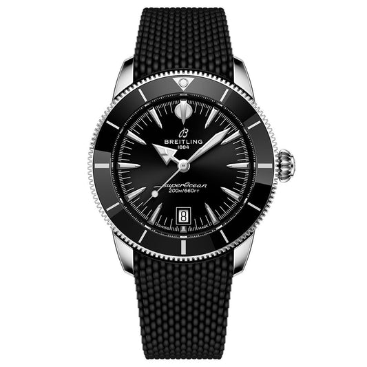 The BREITLING Superocean Heritage B31 Automatic 42 is a black dive watch with a textured strap, black dial, silver hour markers, date at 6 o’clock, and "Breitling 1884" plus "SuperOcean 200m/660ft" on the face.