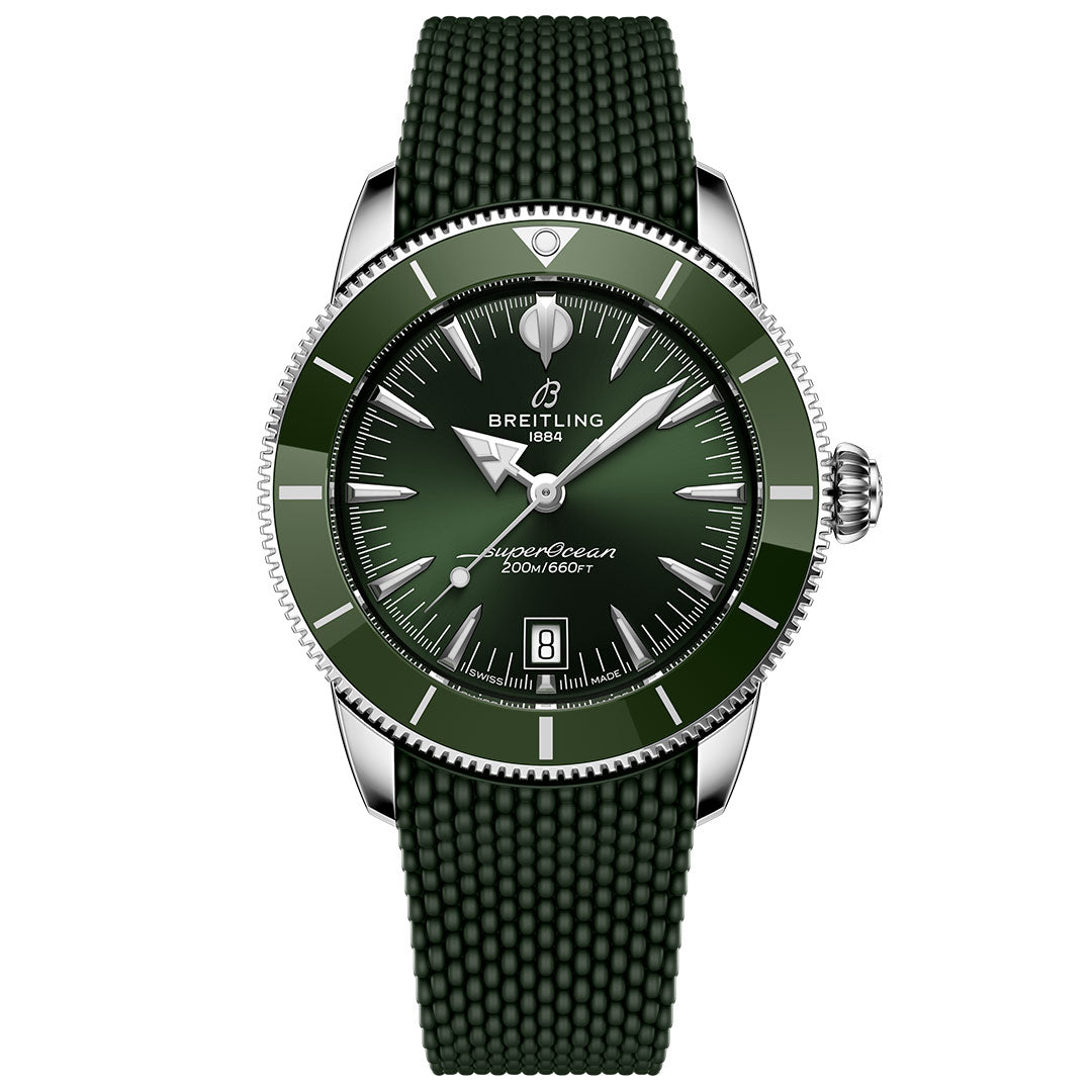 The Breitling Superocean Heritage B31 Automatic 42 is a green dive watch with a round stainless steel case, green dial, white markers and hands, date at 6 o’clock, textured green strap, and water resistance to 200 meters (660 ft).