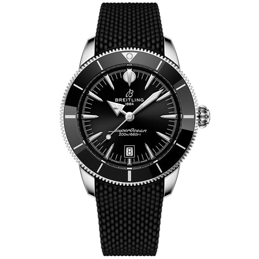 A black Breitling Superocean Heritage B31 Automatic 44 dive watch with a textured strap, silver bezel, and white dial markings displays 10:08. The face features the Breitling logo and "SuperOcean 200M/660FT," with automatic movement.
