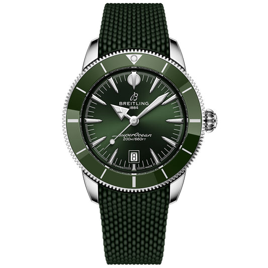 The Breitling Superocean Heritage B31 Automatic 44 features a green bezel and dial, silver hands and hour markers, a date at 6 o’clock, textured green strap, and is water resistant to 200m.