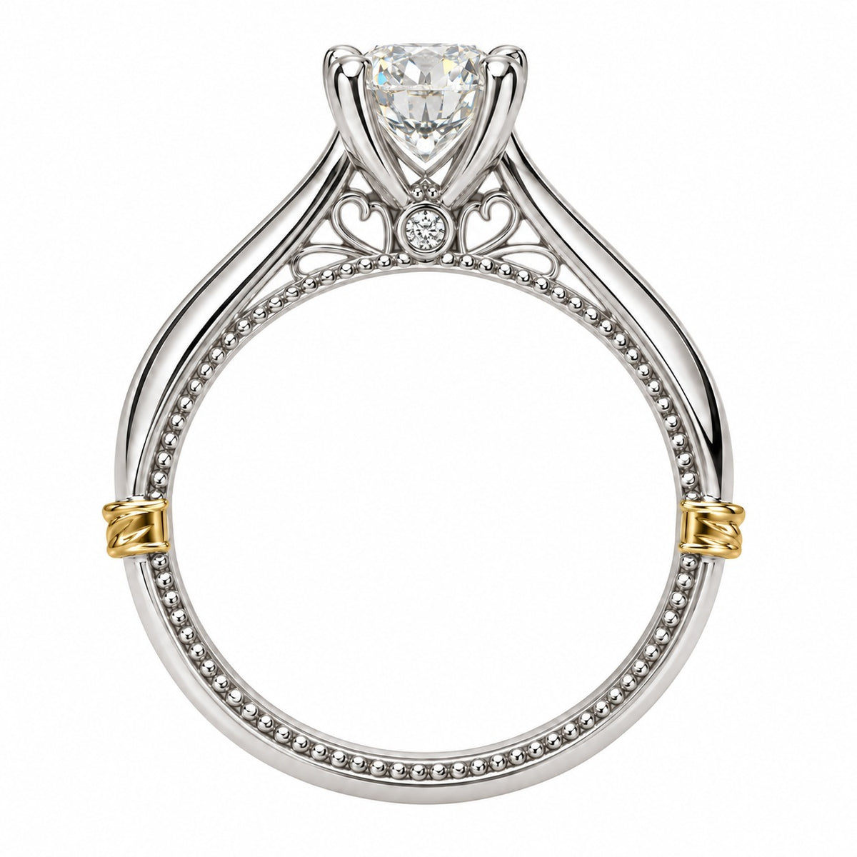 Raffi&Co.® 18K White Gold 1.00 ct Round Lab Grown Diamond Engagement Ring with Yellow Gold Accents — angle view