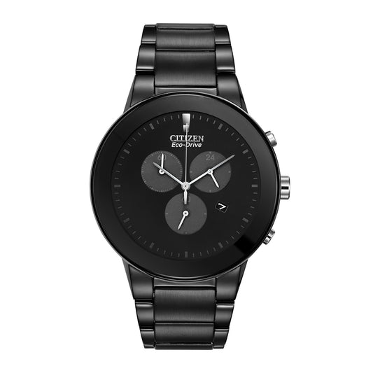 The CITIZEN Axiom Eco-Drive 42mm Watch showcases a streamlined design, featuring a black metal band and dial. Its face is adorned with three subdials and silver hands, while the brand name "CITIZEN" is prominently displayed at the top. A date window can be found near the 4 o'clock position.