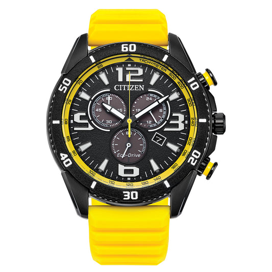 The CITIZEN Brycen Eco-Drive 44.8mm Watch features Eco-Drive technology, a black dial with yellow accents, three sub-dials, a date window, and a tachymeter scale on a black bezel. It has minute markings and is complemented by a bold yellow rubber strap.