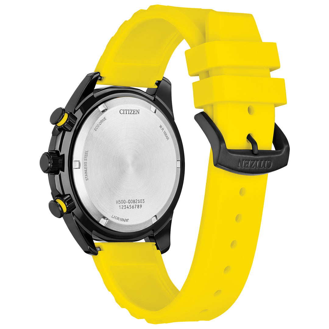 The image displays the back of a CITIZEN Brycen Eco-Drive 44.8mm watch with a stainless steel case and bright yellow silicone strap featuring a black buckle. This water-resistant timepiece includes multiple function buttons on the side.