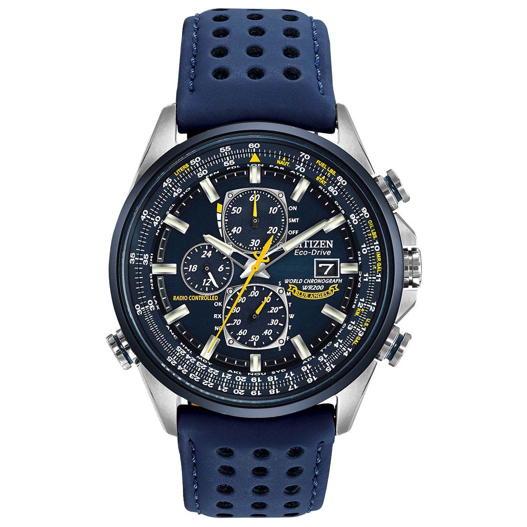 The CITIZEN Blue Angels World Chronograph AT Eco-Drive 43mm Watch boasts atomic clock synchronization, a black dial with subdials, yellow accents, and an analog display. It features a silver and blue design with a blue perforated leather strap and date display at 3 o'clock.