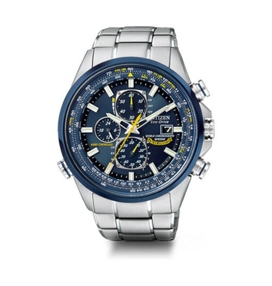 The CITIZEN Blue Angels Promaster Skyhawk A-T Eco-Drive 46mm Watch Limited Edition is a stainless steel men's watch featuring a blue and black dial with multiple subdials, a date window, and silver-tone indices and hands. It is enhanced by atomic clock synchronization, includes a tachymeter scale on the bezel, and has a bracelet linked in a classic design.