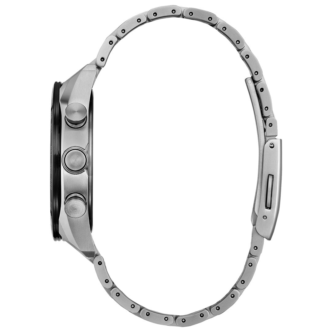 Side view of the CITIZEN Attesa Atomic Time Keeping Super Titanium Limited Edition Eco-Drive 42mm Watch, featuring a round face, two prominent buttons, and a link bracelet with clasp—all set against a white background.