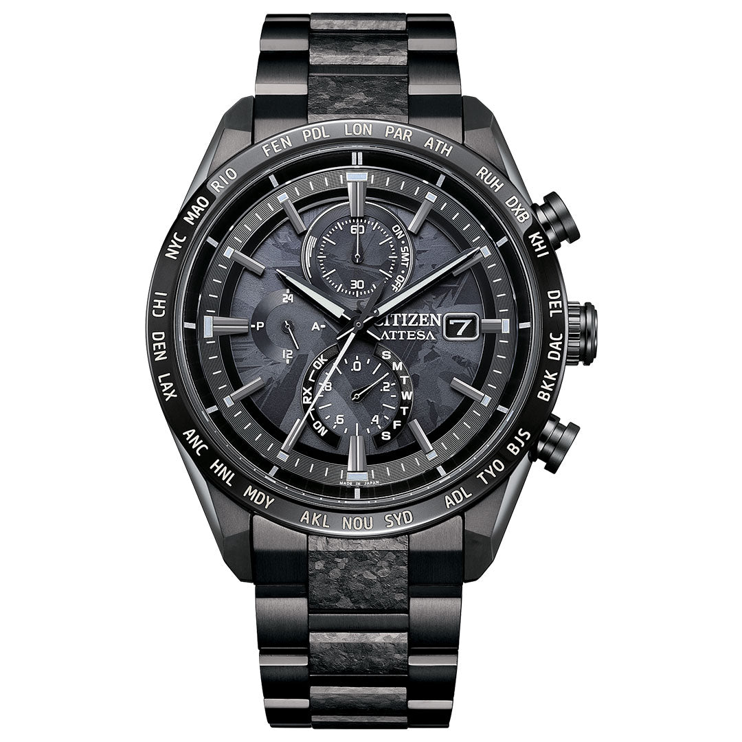 The CITIZEN Attesa Hakuto-R Atomic Time Keeping Super Titanium Limited Edition Eco-Drive 42mm watch for men features a black and gray dial, three subdials, date window, and a black titanium band with carbon fiber inlays. World cities marked on the bezel.