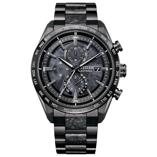 The CITIZEN Attesa Hakuto-R Atomic Time Keeping Super Titanium Limited Edition Eco-Drive 42mm watch for men features a black and gray dial, three subdials, date window, and a black titanium band with carbon fiber inlays. World cities marked on the bezel.
