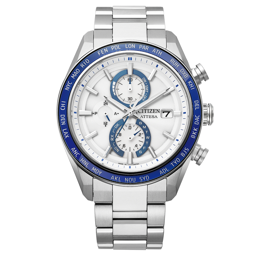 CITIZEN Attesa Atomic Time Keeping Super Titanium Eco-Drive 42mm Watch in silver-tone with a white dial, blue world time bezel, three sub-dials, a date window, and a link bracelet featuring radio-controlled technology.
