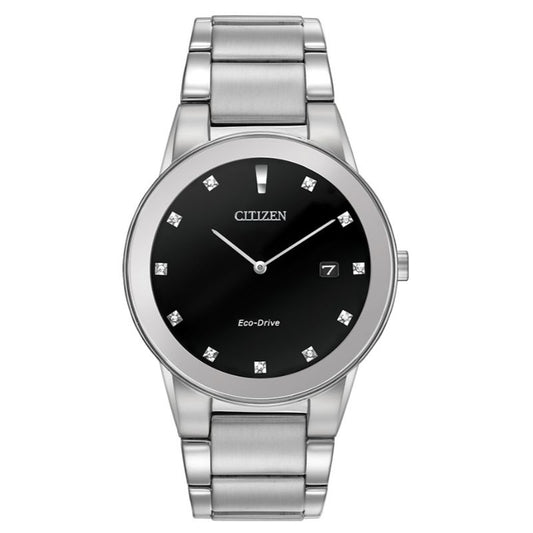 The elegant CITIZEN Axiom Eco-Drive 40mm Watch features a silver metal band and diamond hour markers on a black dial. This stylish timepiece includes a date display at 3 o'clock and is crafted with a polished stainless steel frame, blending sophistication and practicality seamlessly.