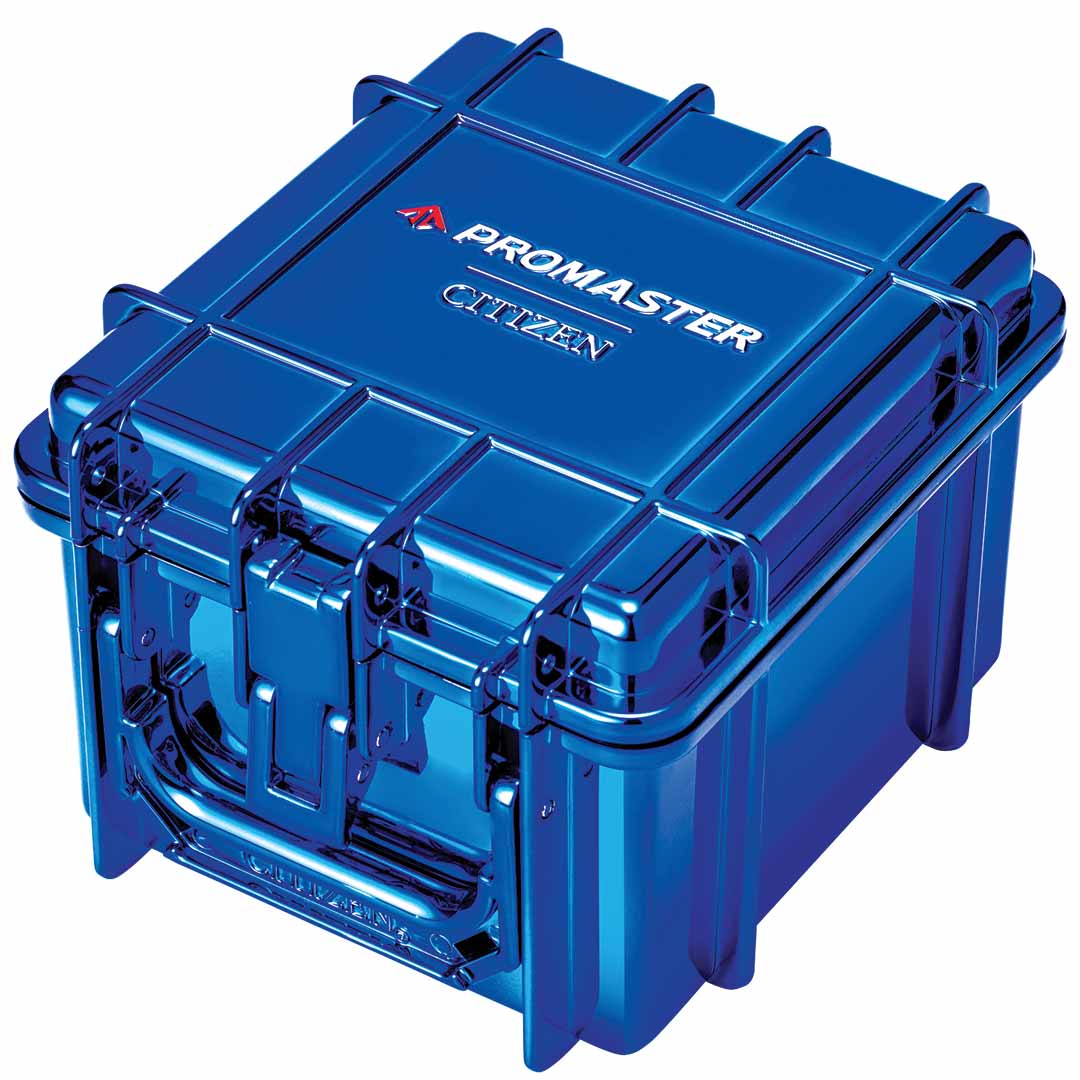 A rugged, blue storage case with a handle and secure latches featuring the "CITIZEN" and "Promaster" logos on the top.