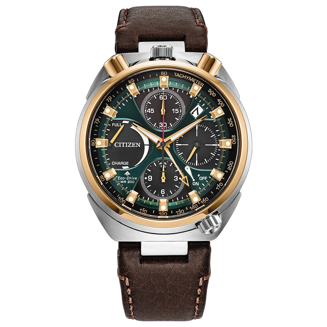 Introducing the CITIZEN Promaster Tsunoc Chrono Racer Limited Edition Eco-Drive 44.5mm Watch—a striking men’s chronograph featuring a dark green dial, gold and silver bezel with a visible tachymeter scale, three subdials, date window, brown leather strap, and refined metallic accents.