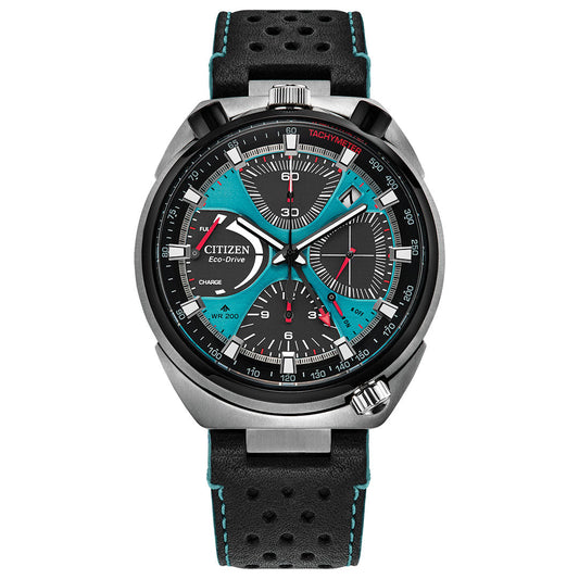 The CITIZEN Promaster Tsunoc Chrono Racer Limited Edition Eco-Drive 44.5mm watch features a black dial, silver case, teal accents, three subdials, tachymeter scale, and a black perforated leather strap with teal stitching.