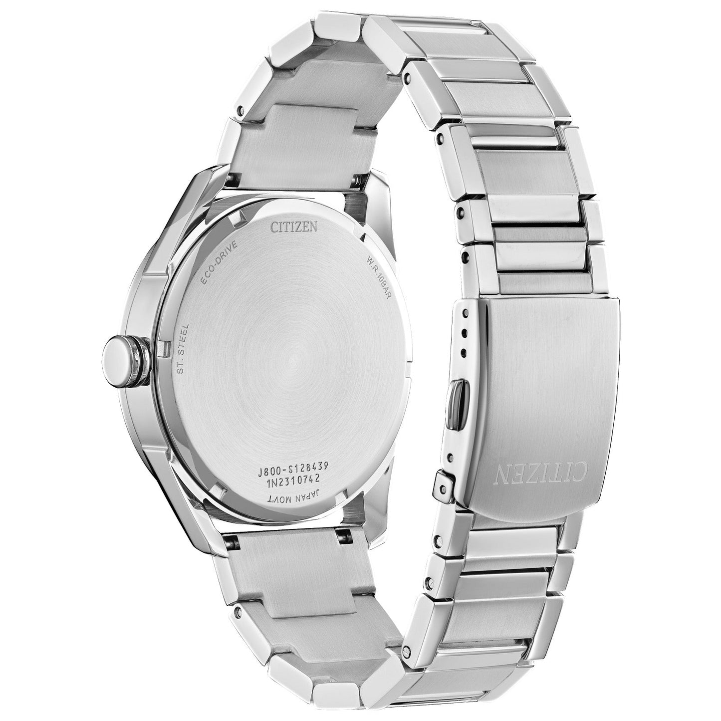 The back view of the CITIZEN Classic Eco-Drive 42mm Watch showcases its silver stainless steel band and clasp. This men's timepiece has a round face, and the smooth, reflective back case displays visible engraved text.