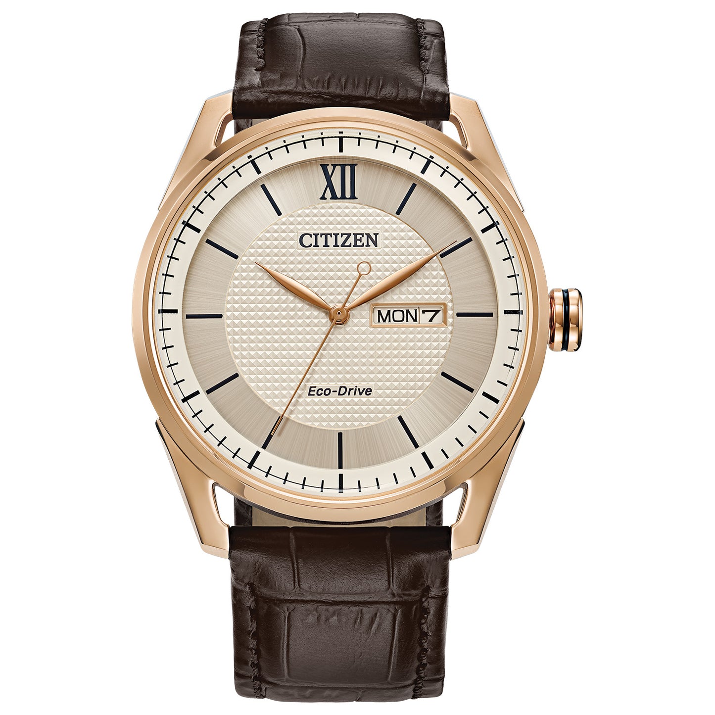 The CITIZEN Classic Eco-Drive 40mm Watch showcases a gold-tone case, Roman numeral and baton indices, a day-date display, and a textured cream dial. Its elegant design is finished with a brown leather strap, combining sophistication and functionality with advanced Eco-Drive technology.