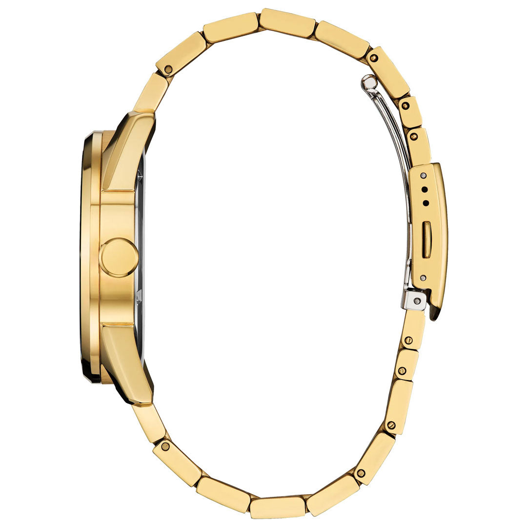 Side view of the CITIZEN Dress Classic Eco-Drive 42mm Watch in yellow gold-tone stainless steel, featuring a metal link band and clasp. The image highlights the crown and case thickness against a white background, with the timepiece offering 100-metre water resistance.