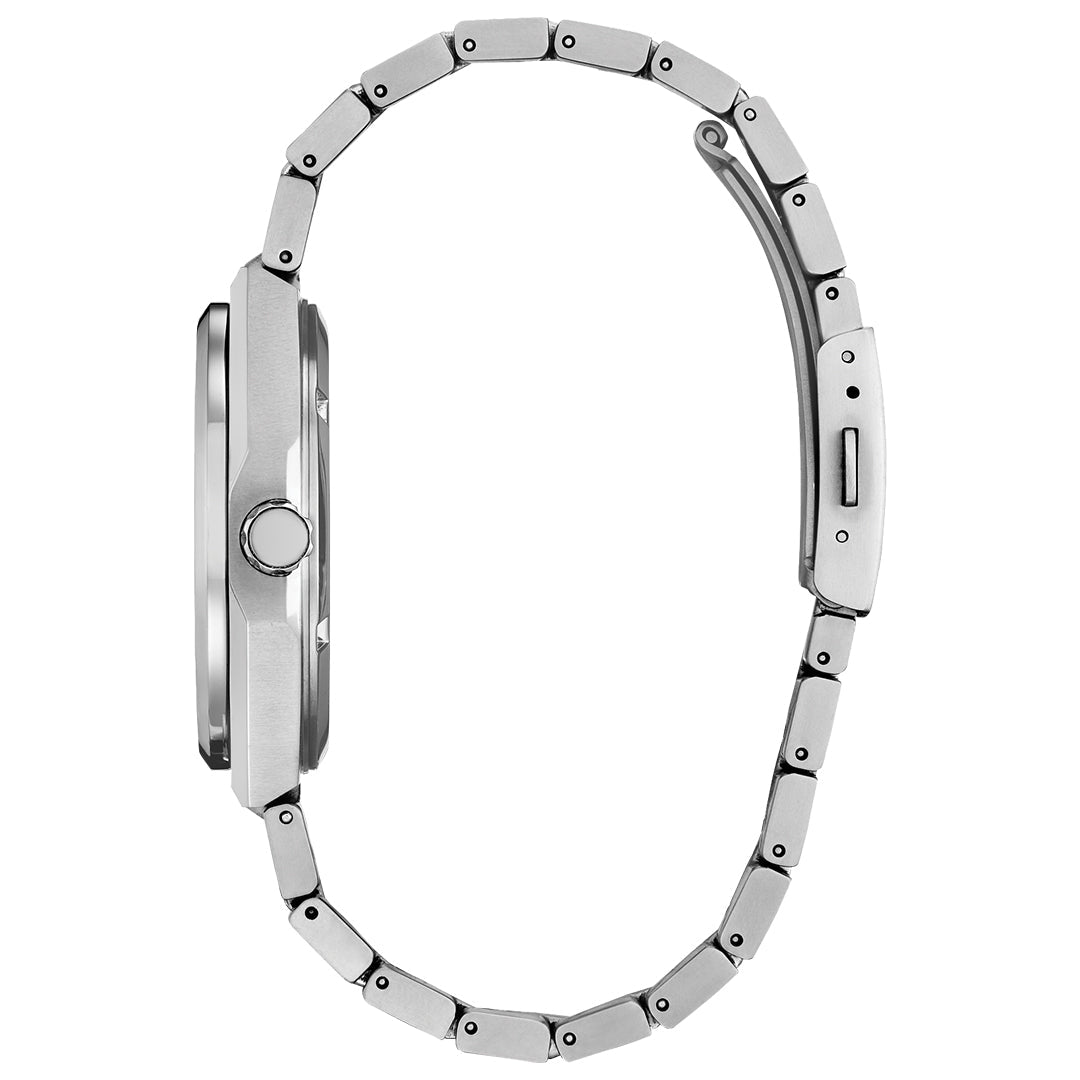 Side view of the CITIZEN Zenshin Three-hand Eco-Drive 39mm Watch in silver, featuring a linked bracelet band, visible clasp, circular crown on the left side, and water-resistant design by CITIZEN.
