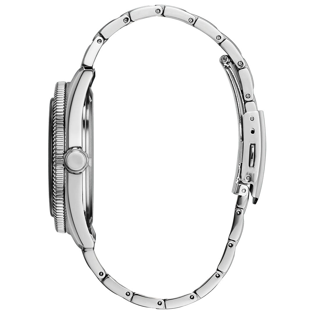 Side view of the CITIZEN Brycen Eco-Drive 43mm Watch, featuring a stainless steel case and bracelet, clasp, textured bezel, crown, and highlighting the slim profile of both the watch case and bracelet.