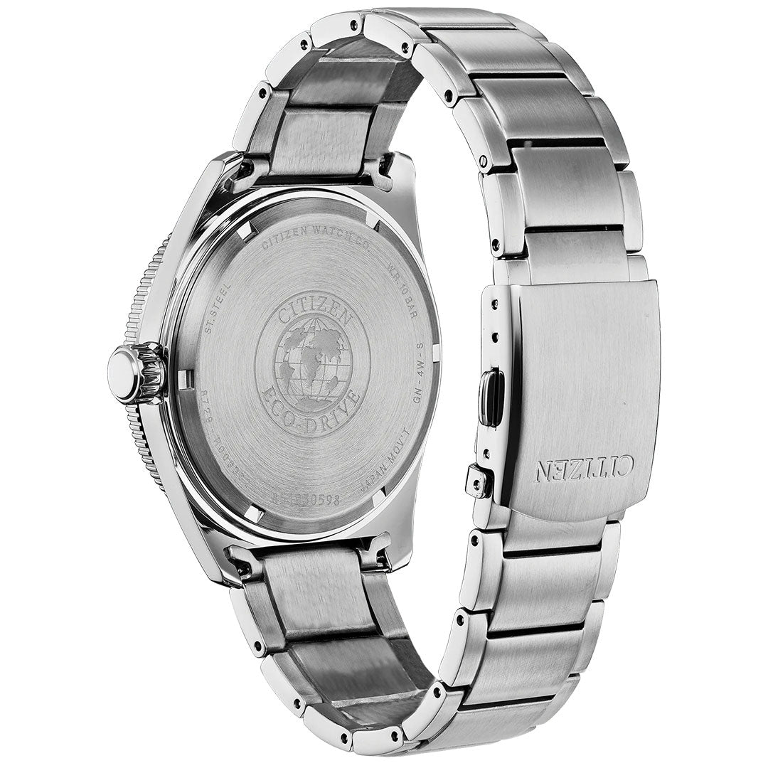 The CITIZEN Brycen Eco-Drive 43mm Watch features a stainless steel case back with engraved details and a matching bracelet clasp bearing the CITIZEN logo, highlighting its advanced Eco-Drive technology.