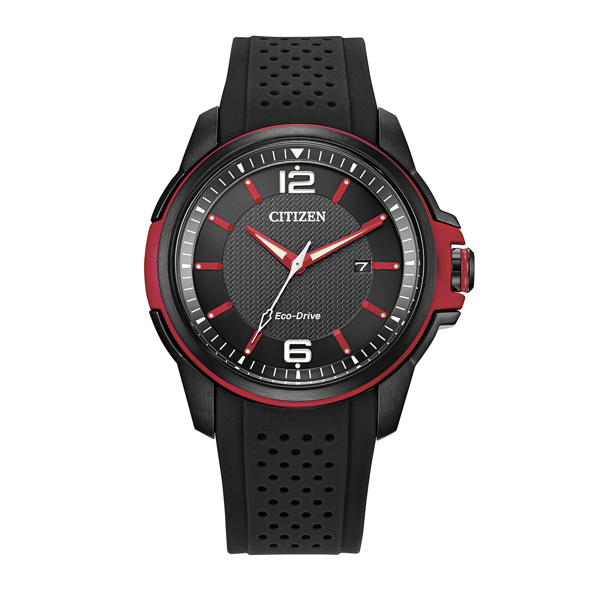 Discover the sophisticated design of the CITIZEN Weekender Eco-Drive Watch. This 45 mm timepiece features a chic black dial with striking red accents and a comfortable perforated rubber strap. Bold Arabic numerals at 12 and 6 enhance its stylish appearance, while a handy date window at the 3 o'clock position adds functionality.