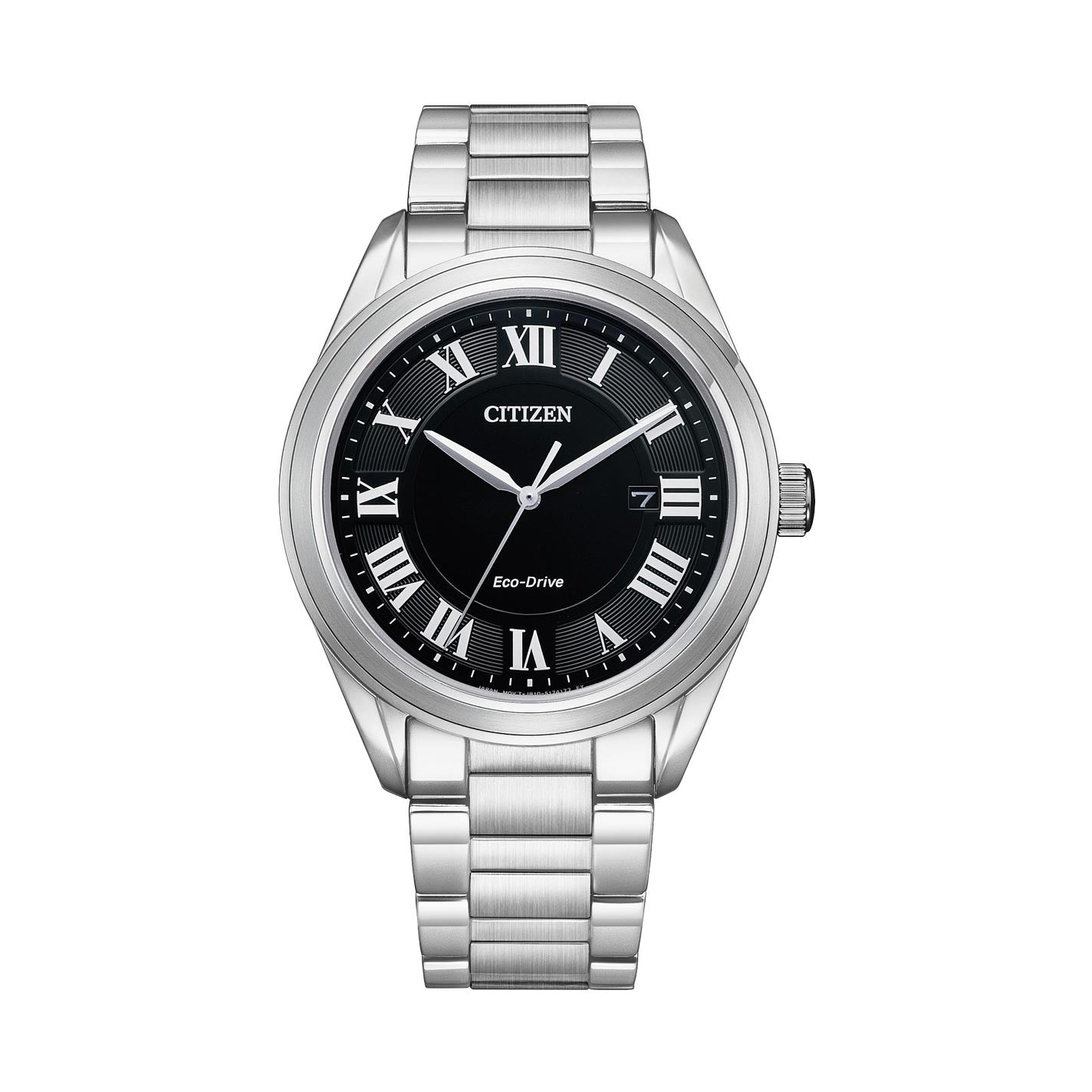 The CITIZEN Fiore Eco-Drive 40mm Watch radiates luxury with its silver-tone stainless steel design, complemented by a black dial, Roman numerals, and a date display at the 3 o'clock position. Incorporating Eco-Drive technology, it features a sleek stainless steel bracelet and a classic round bezel.