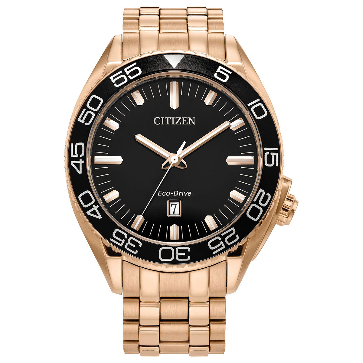 The CITIZEN Carson Eco-Drive 35mm Watch features a gold-tone stainless steel band and case, complemented by a black dial with luminous hands. It includes a date function at the 3 o'clock position and a rotating bezel with white numerals to indicate minutes.