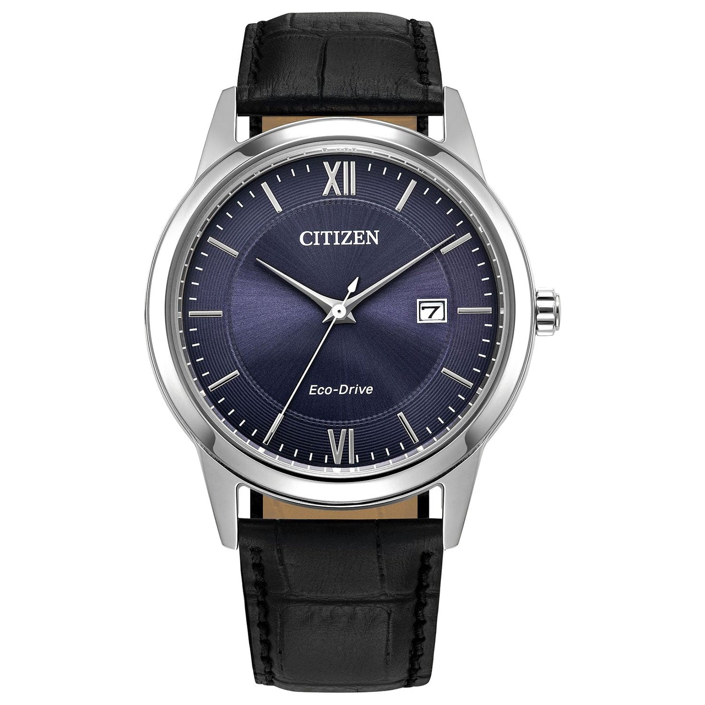 The CITIZEN Classic Eco-Drive 30.5 x 14.5mm Watch boasts a black leather strap and a silver case, with a dark blue face featuring Roman numerals at the 12 and 6 positions, silver hour markers, and a date window located at the 3 o'clock position. The watch face prominently displays the "Eco-Drive" logo.