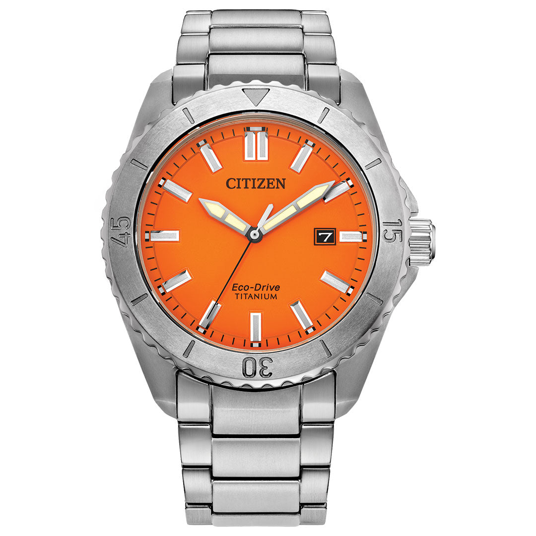 The CITIZEN Brycen Super Titanium Eco-Drive 41mm watch features a vibrant orange dial adorned with silver hour markers and includes a date window positioned at 3 o'clock. Its sporty design is highlighted by the Super Titanium link bracelet and a textured bezel complete with minute markings.