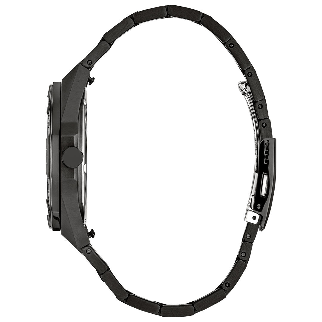 Side view of the CITIZEN Brycen Eco-Drive 42mm Watch, featuring a black ion-plated stainless steel link band with closed clasp, showcasing its case thickness, bracelet design, and innovative Eco-Drive technology.